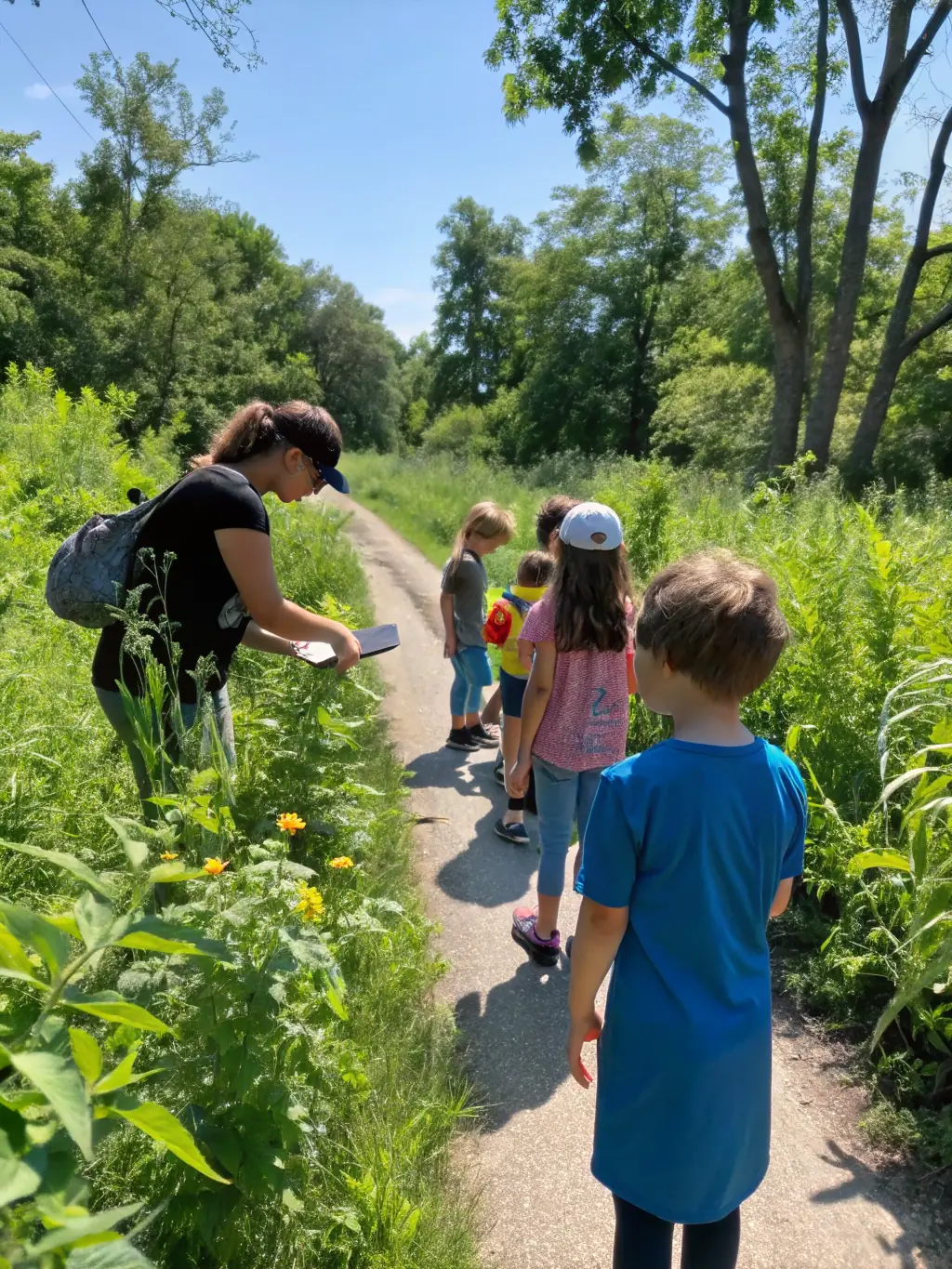 A scenic view of a group of children participating in a guided nature walk, learning about local flora and fauna.