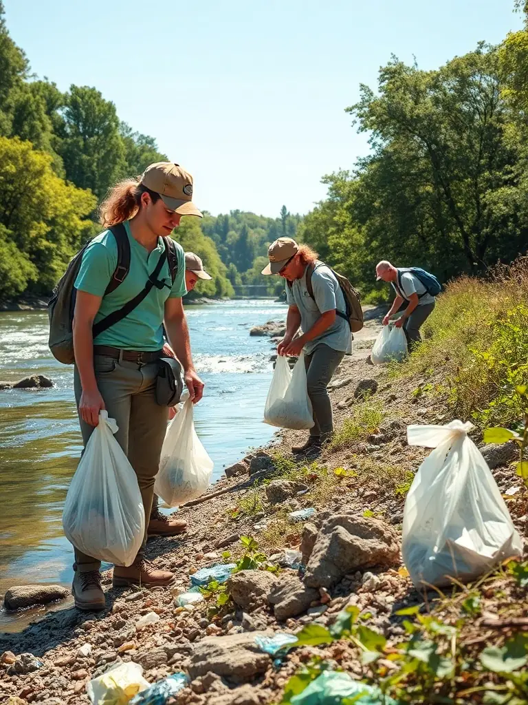 Volunteers cleaning up a polluted riverbank, highlighting ASSOCIATION LA DIGITALE's efforts in preserving water resources.