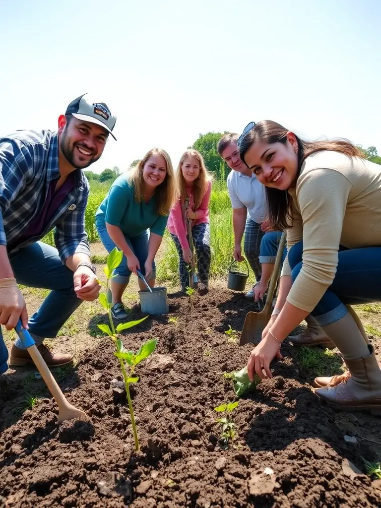 A photograph capturing a group of volunteers actively planting trees in a local park, symbolizing community involvement in environmental restoration.