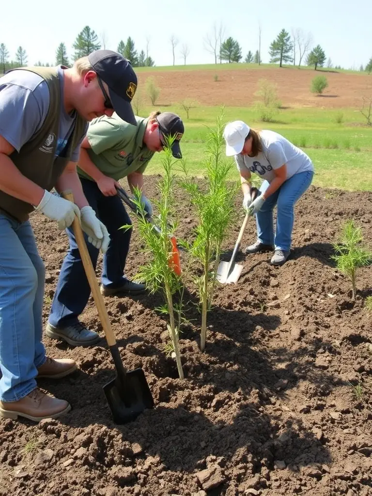 A group of volunteers planting trees in a deforested area, showcasing ASSOCIATION LA DIGITALE's reforestation program.