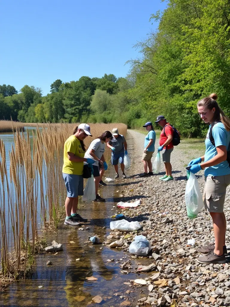 A close-up shot of volunteers cleaning up a riverbank, removing litter and debris to protect aquatic ecosystems.